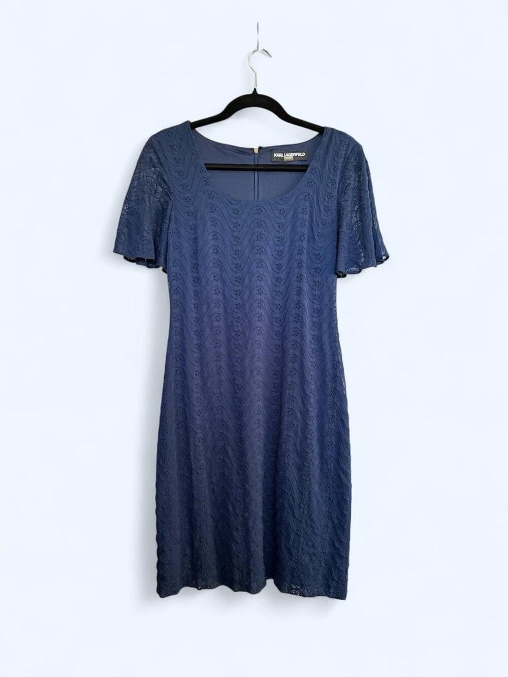 Karl Lagerfeld Navy blue eyelet pencil dress with flutter sleeves 2